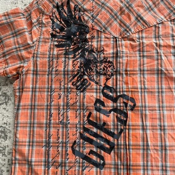 Guess Button front shirt casual plaid orange gray snap buttons short sleeve XXL - Picture 9 of 9